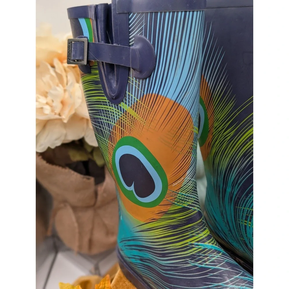Chooka Signature Big Peacock Blue Tall Rain Boots Women's Size 9 Good Used Vtg